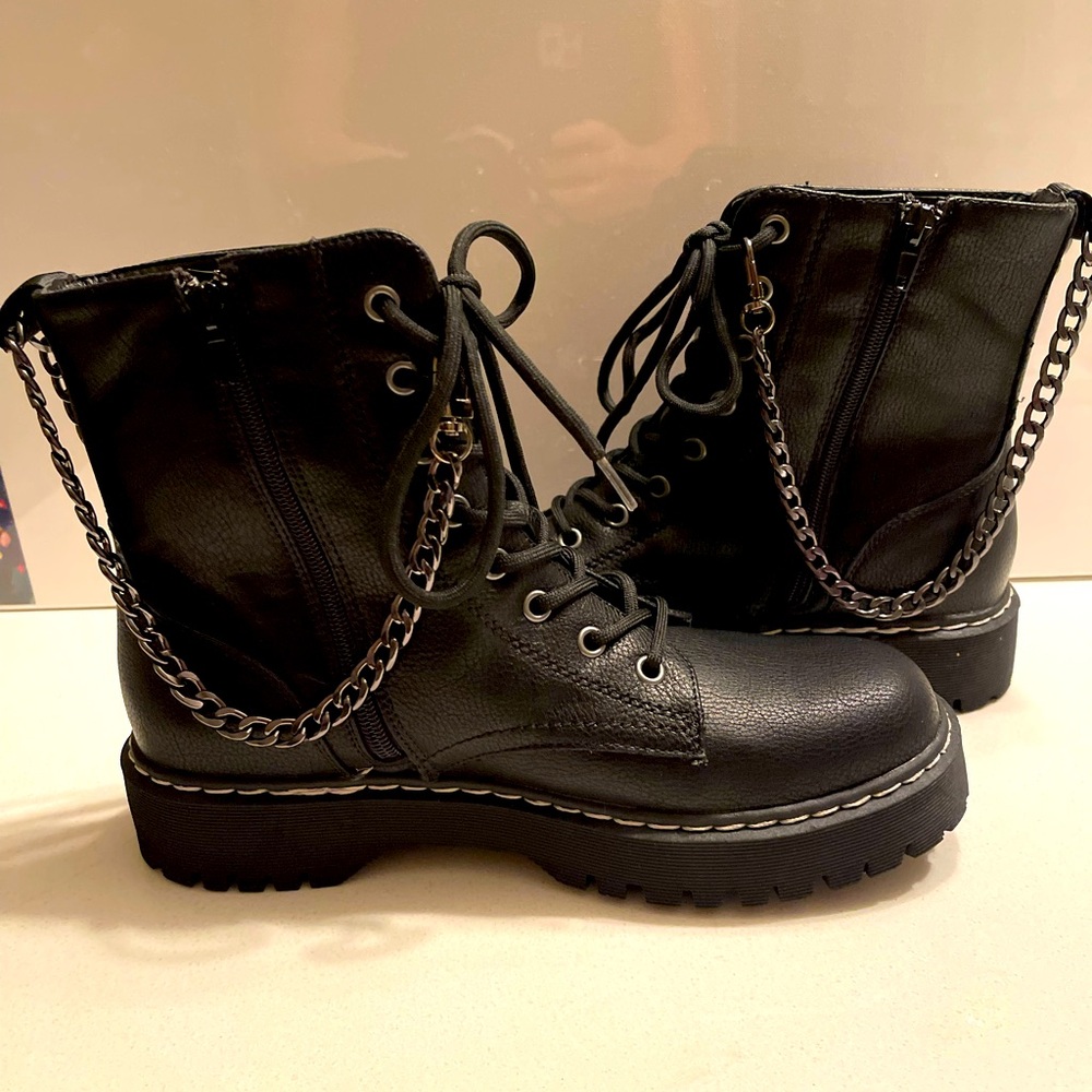 Black Leather Lace Up Combat Boots with Chain Detail